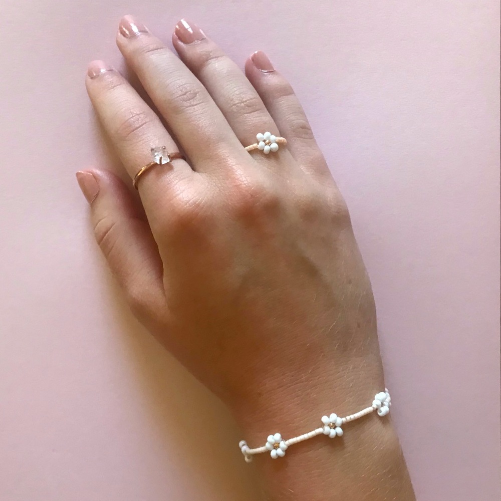 Light Pink Beaded Flower Bracelet and Ring